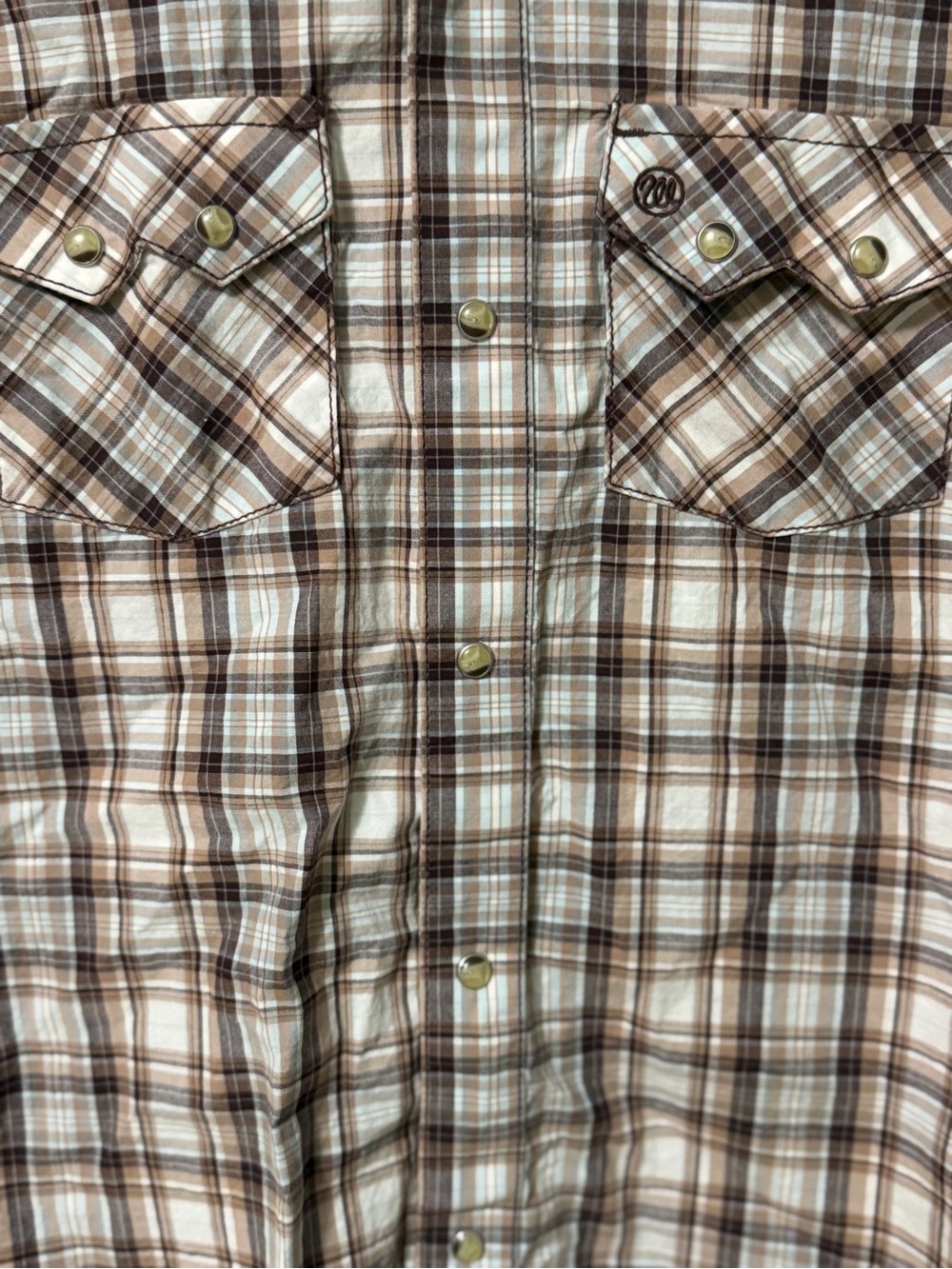 Wrangler Retro Boys Pearl Snap Western Plaid Shirt Brown Blue Size L 10-12 - Picture 2 of 5